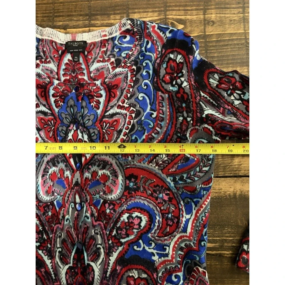 Talbots Petite Merino Wool Paisley Cardigan Sweater MP Boho Colorful